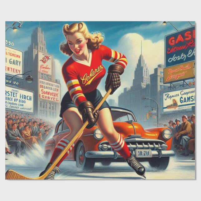 Papier Cadeau Vintage fille de hockey (Plat)