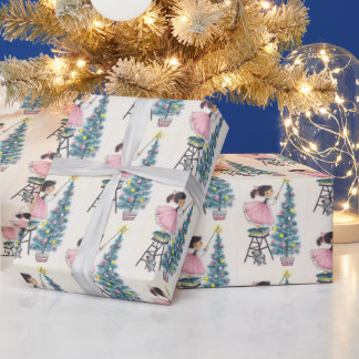 Papier Cadeau Vintage Fille de Noël Monter l'étoile sur l'arbre