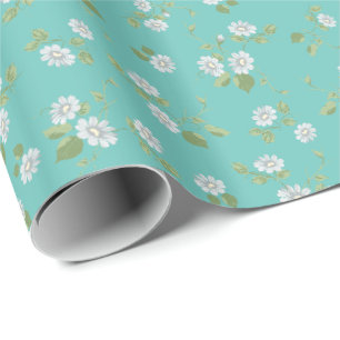 Papier Cadeau Vintage Floral Blanc Daisées Pays Français Turquoi