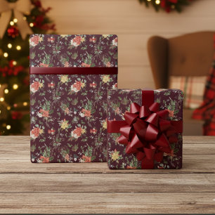 Papier Cadeau Vintage Floral Poinsettia Motif de Noël Rouge