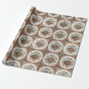 Papier Cadeau Vintage Floral Terracotta Carreaux Motif