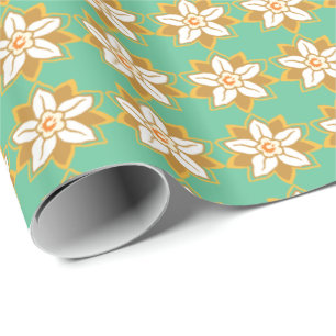 Papier Cadeau Vintage Floral vert et jaune motif Jonquil