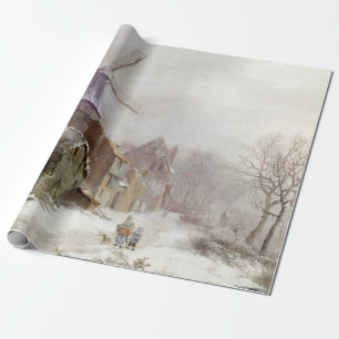 Papier Cadeau Vintage hiver Windmill paysage enneigé