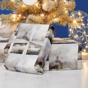 Papier Cadeau Vintage hiver Windmill paysage enneigé