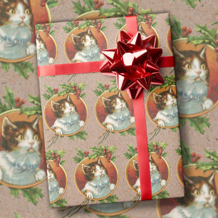 Papier Cadeau Vintage Noël Chat Retro Vacances Papier d'envelopp