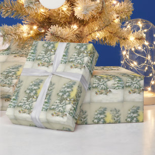 Papier Cadeau Vintage Noël Jolie église Pine Tree Forest