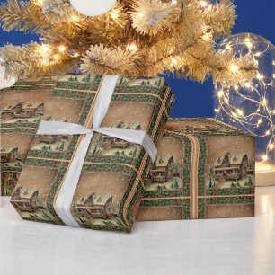 Papier Cadeau Vintage Noël Neige Couverte Maison victorienne