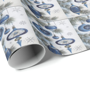 Papier Cadeau Vintage, Noël, Ornements Bleus Argentés