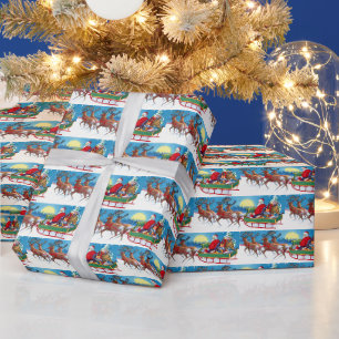 Papier Cadeau Vintage Noël Père Noël rennes carrelé