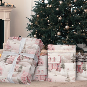 Papier Cadeau Vintage Noël Pink Snow Village Vacances