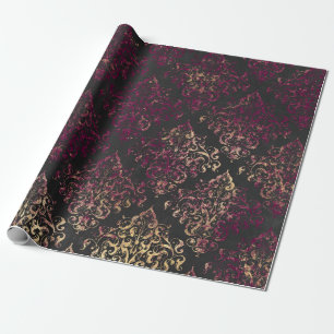 Papier Cadeau Vintage Paris Bourgogne et Gold Grunge Damask