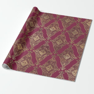 Papier Cadeau Vintage Paris Bourgogne Rouge et or Grunge Damask