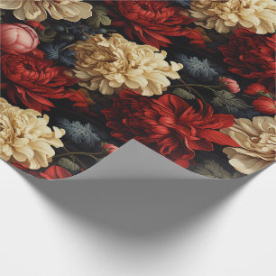 Papier Cadeau Vintage Peonies rouge et crème Fleurs et verdure