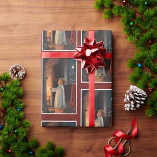 Papier Cadeau Vintage petite fille par cheminée Noël