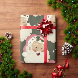 Papier Cadeau Vintage Retro Père Noël Visage Étincelle Vert esth