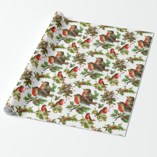Papier Cadeau Vintage Robin Bird Holly Berries Noël d'hiver