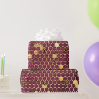 Papier Cadeau Vintage Romantique Bee Floral Bourgogne Or