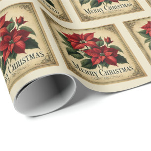 Papier Cadeau Vintage Rouge Poinsettia Joyeux Noël