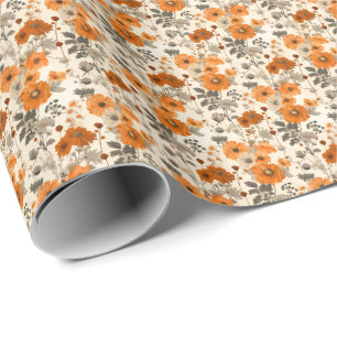 Papier Cadeau Vintage Rustique Burnt Orange Automne Fleurs Motif