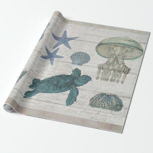 Papier Cadeau Vintage Sea Life Coral Turtle Starfish Découpage
