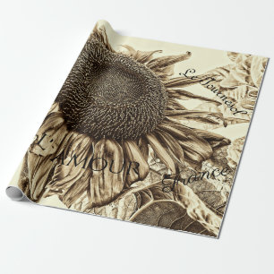 Papier Cadeau Vintage Tournesol Sepia Tone Vieux Script Découpag