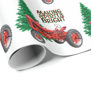 Papier Cadeau Vintage Tracteur Rouge Et Noël Arbre