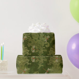 Papier Cadeau Vintage vert Damask Floral Orange Dragonlies