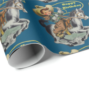 Papier Cadeau Vintage Western Cowboy Kid Horse Rope Anniversaire
