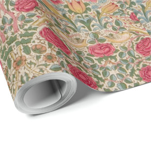Papier Cadeau Vintage William Morris Rose Pink Jaune Oiseau Flor