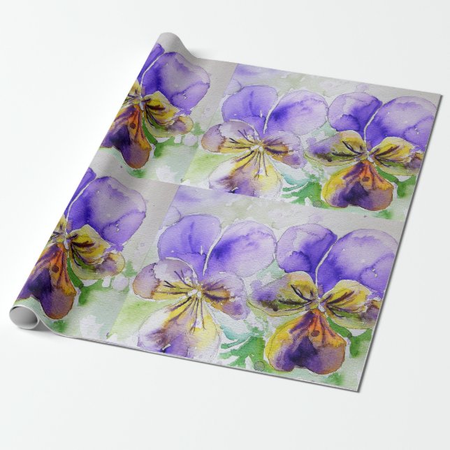 Papier Cadeau Viola violet Fleurs de Pansy Aquarelle (Déroulé)