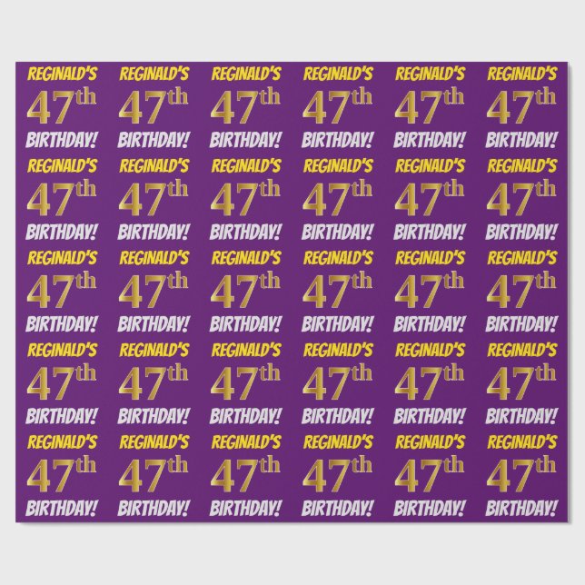 Papier Cadeau Violet, Or Faux/Imitation, "47e ANNIVERSAIRE" (Plat)