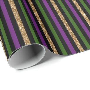 Papier Cadeau Violet, Vert, Noir, Faux Gold Stripes Mardi Gras