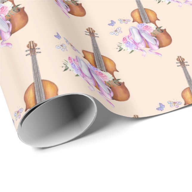 Papier Cadeau Violon, Chaussures de Ballet, Fleurs et Papillons (Coin rond)