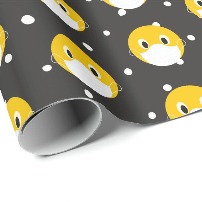 Papier Cadeau visage jaune sourire avec masque médical (Coin rond)
