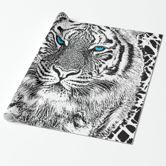 Papier Cadeau Visage sauvage de tigre d'yeux bleus noirs et (Déroulé)