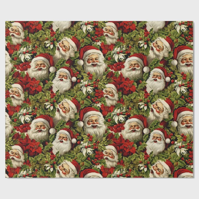 Papier Cadeau Visages du Père Noël rétro et Holly (Plat)