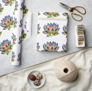 Papier Cadeau Vitrail Fleur de Lotus Colorée sur Fond Blanc