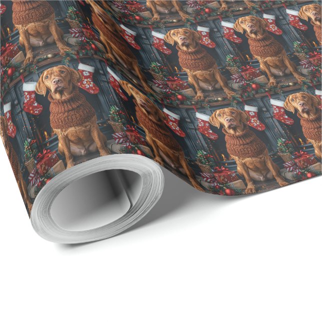 Papier Cadeau Vizsla Chien Avec Foyer Cadeaux De Noël (Coin rond)