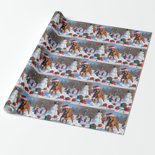 Papier Cadeau Vizsla coule en neige avec Casquette de Noël (Déroulé)