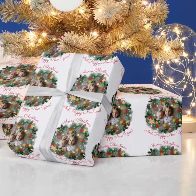 Papier Cadeau voeux de Noël et Nouvel An, photo dans la couronne (Vacances)