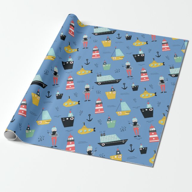 Papier Cadeau voiliers nautiques phare voilier marin (Déroulé)