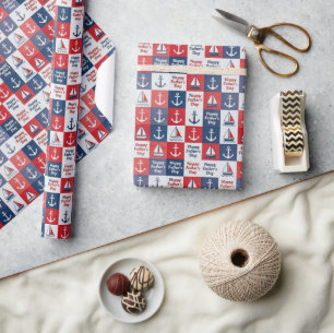 Papier Cadeau Voiliers Rouge Blanc Bleu Fête des Pères