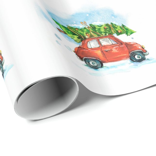Papier Cadeau Voiture aquarelle avec arbre de Noël (Coin rond)