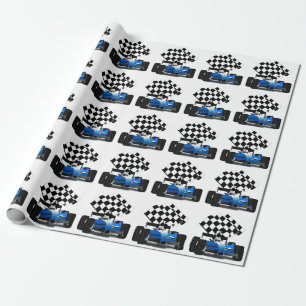 Papier Cadeau Voiture Blue Race avec drapeau À damiers