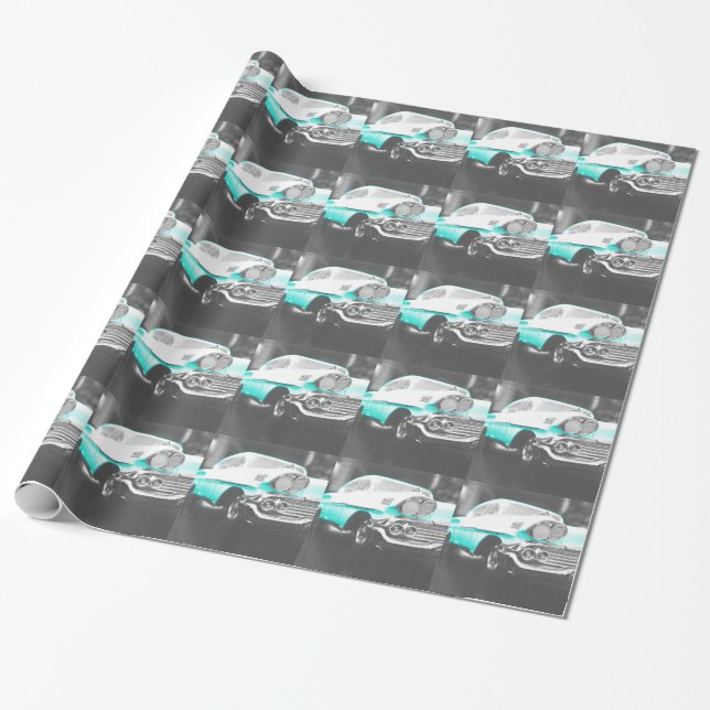 Papier Cadeau Voiture classique bleu vif à chevy impala 1958 (Déroulé)