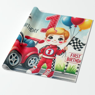 Papier Cadeau Voiture de course 1er anniversaire Garçon Aquarell