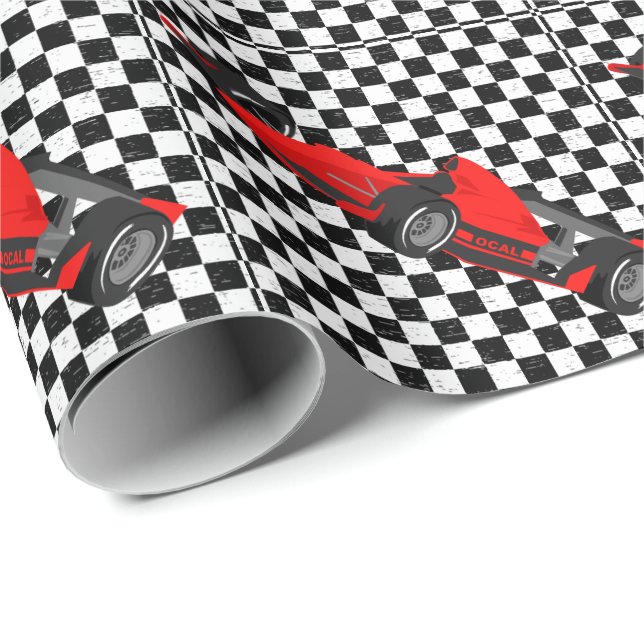 Papier Cadeau Voiture de course À damiers noir blanc (Coin rond)