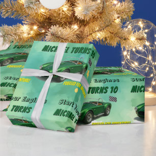Papier Cadeau Voiture de course verte de fête d'anniversaire 10 