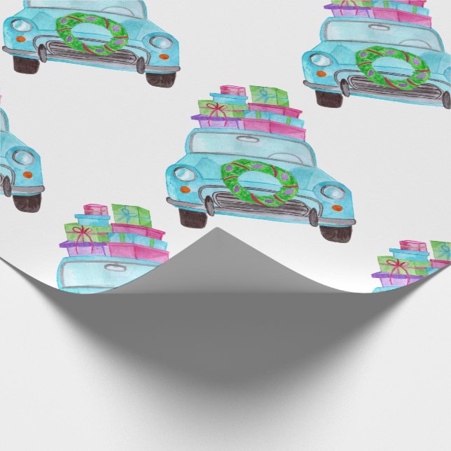 Papier Cadeau Voiture de Noël aquarelle peinte à la main (Coin)