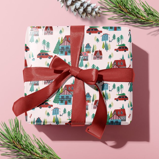 Papier Cadeau Voiture de Noël Festive Village Pink Retro Car (Festive Christmas Car Tree Village Pink Retro Car Wrapping Paper)